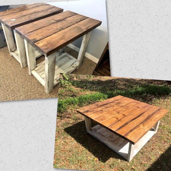 Rustic Living Room Set, Large Farmhouse Coffee Table With Set of Long End Tables, Provincial Brown Top, Creamy White Distressed Base