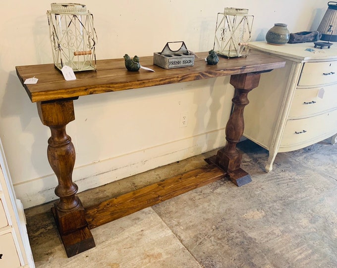 Farmhouse Entryway Table with Shelf and Turned Legs, Stained a Provincial Brown, Wooden Sofa Console Table