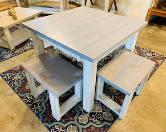 Square Farmhouse Table, Rustic Farmhouse Table, Dining Set with Stools, Table with Small Benches, Pearl Gray Top and Distressed Base