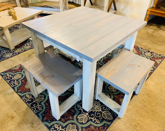 Square Farmhouse Table, Rustic Farmhouse Table, Dining Set with Stools, Table with Small Benches, Pearl Gray Top and Distressed Base