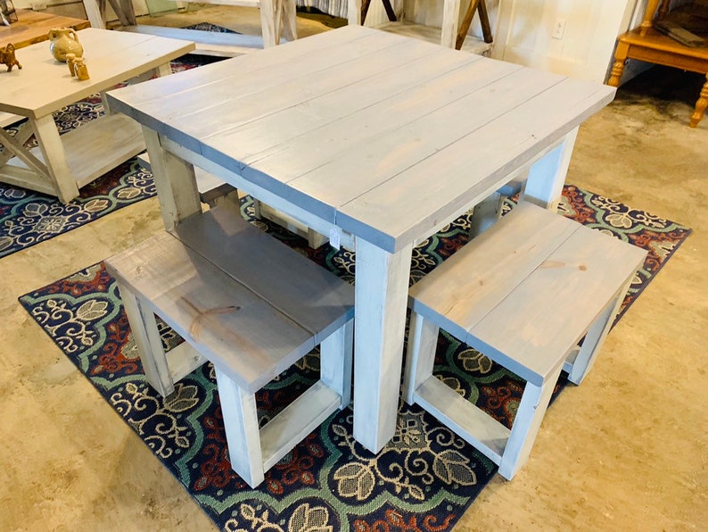Rustic Farmhouse Table Table with Small Benches Pearl Gray Top and Distressed Base Square Farmhouse Table Dining Set with Stools