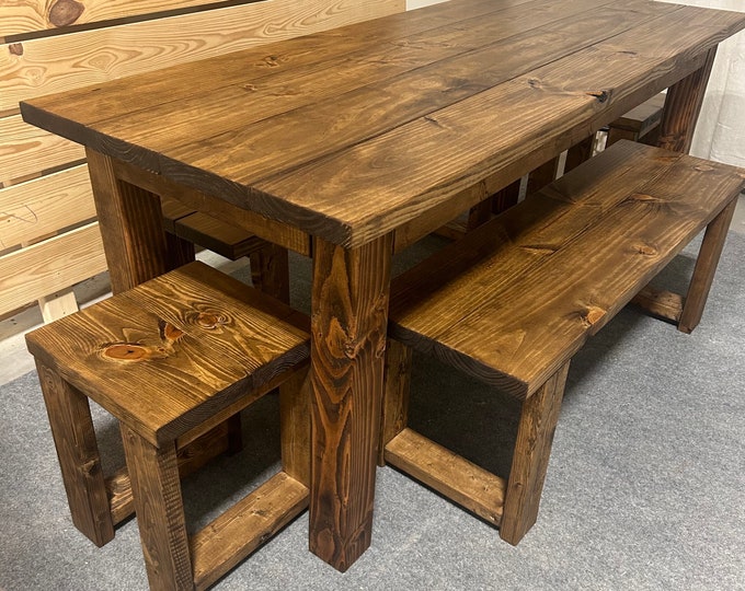 Wooden Farmhouse Table Set - With Benches and Stools - Provincial Brown - Kitchen, Dining Table Set