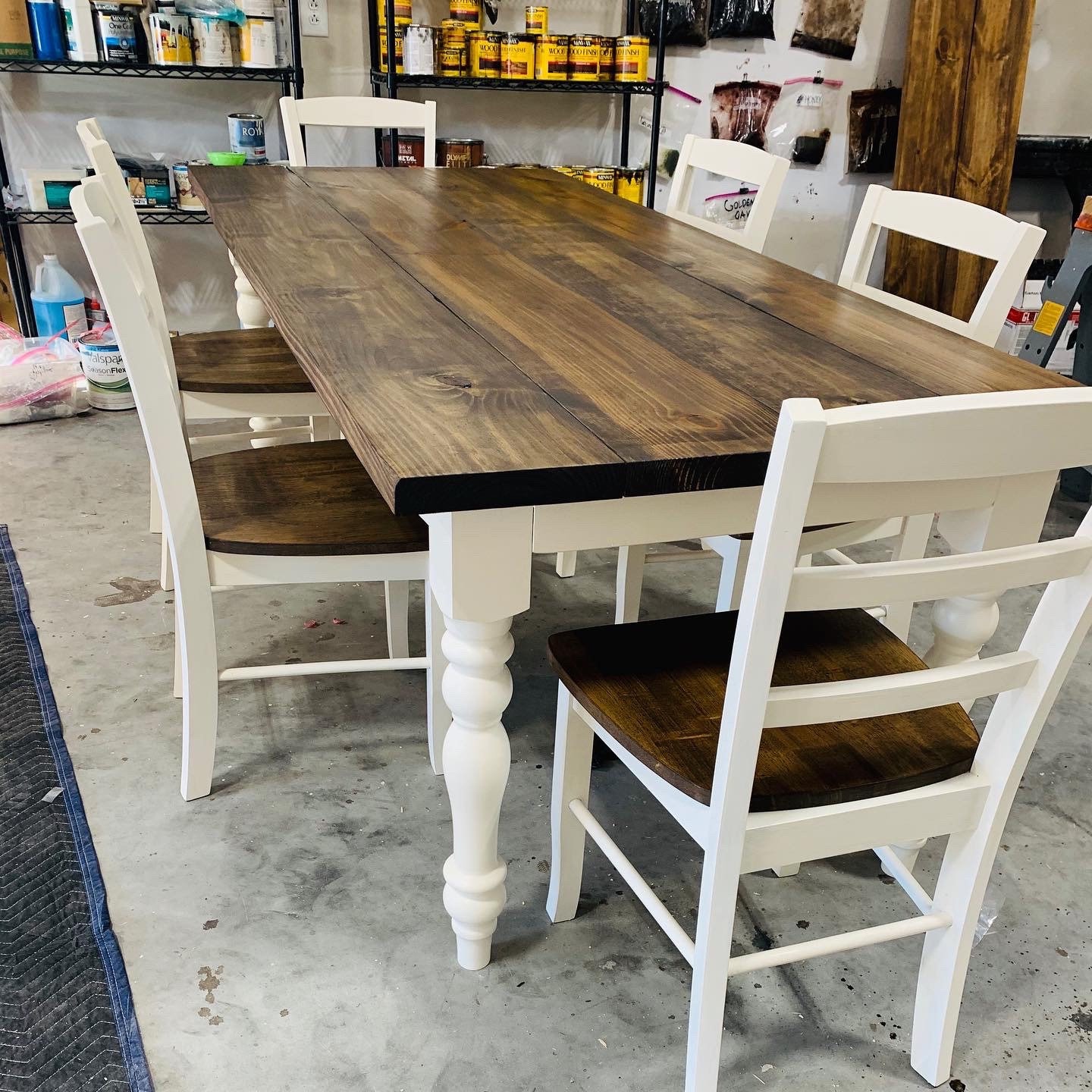 7ft Rustic Farmhouse Table With Chairs And Turned Legs