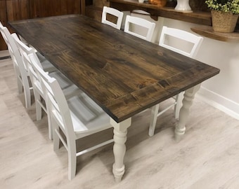 7ft Rustic Farmhouse Dining Table with Turned Legs: Dark Walnut Top