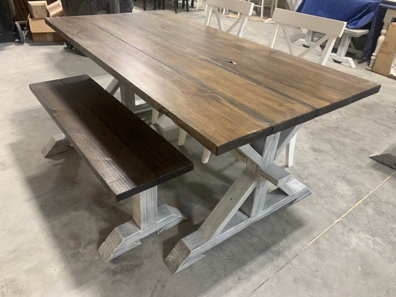 Rustic Pedestal Farmhouse Table Chairs and Bench With White Dark