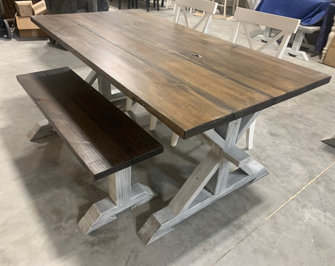 Rustic Pedestal Farmhouse Table, Chairs and Bench, With White Dark Walnut Brown with White Distressed Base Dining Set In Stock