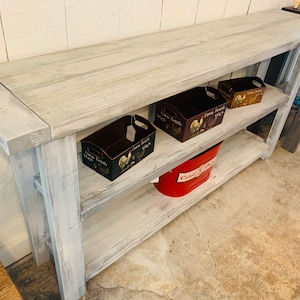 Rustic Farmhouse Bookcase: Distressed White & Gray Wash Wooden Shelving