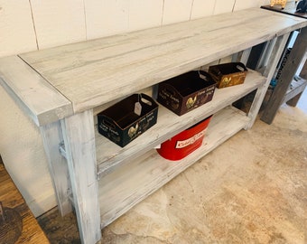 Rustic Farmhouse Narrow Bookcase, Console or Entryway Table with Gray White Wash Top and Distressed White Base, Wooden Shelving Unit