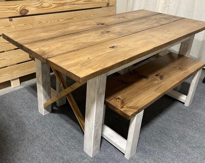 Farmhouse Table Set with Benches - Distressed white with Special Walnut Top - Wooden Dining Set - Home Decor