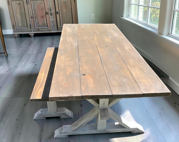Farmhouse Table With Bench 6ft Trestle Dining Table Rustic Kitchen Set