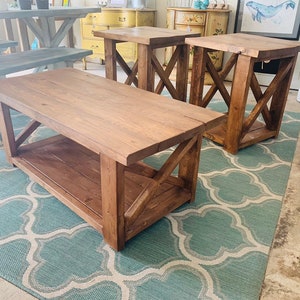 Farmhouse Coffee Table and End Tables Set: Rustic Provincial Brown Finish
