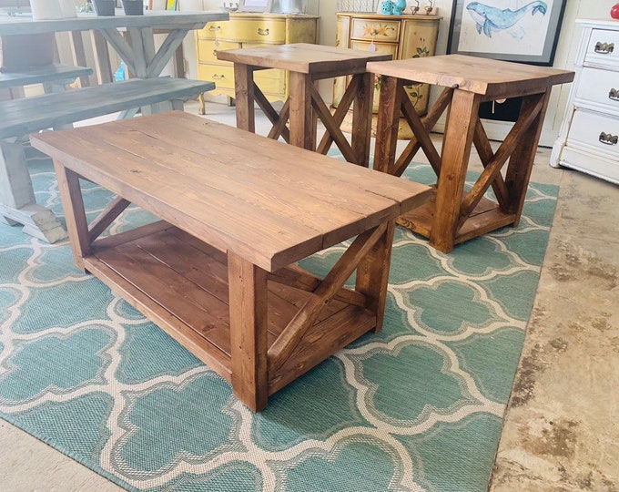 Farmhouse Living Room Set, End Tables Set and Coffee Table with a Farmhouse Provcial Brown Stain , Rustic Living Room Furniture X