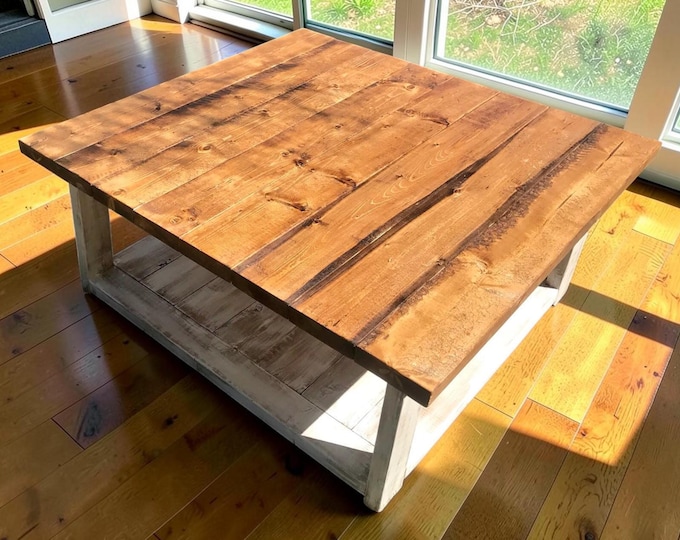 Square Coffee Table Farmhouse Wood Rustic Living Room Distressed White Handmade Furniture Table