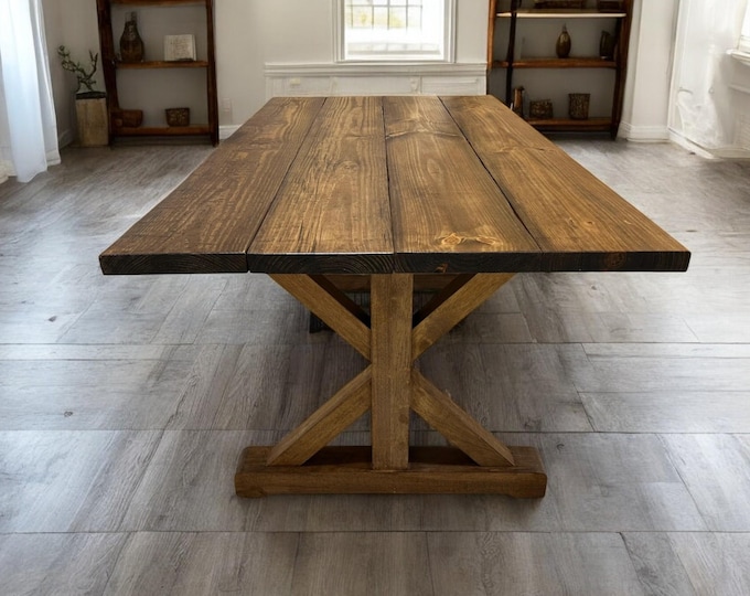 Farmhouse Table With Trestle Base and Chair Option, 6ft Stained Dining and Pedestal Kitchen Set, Wooden Table
