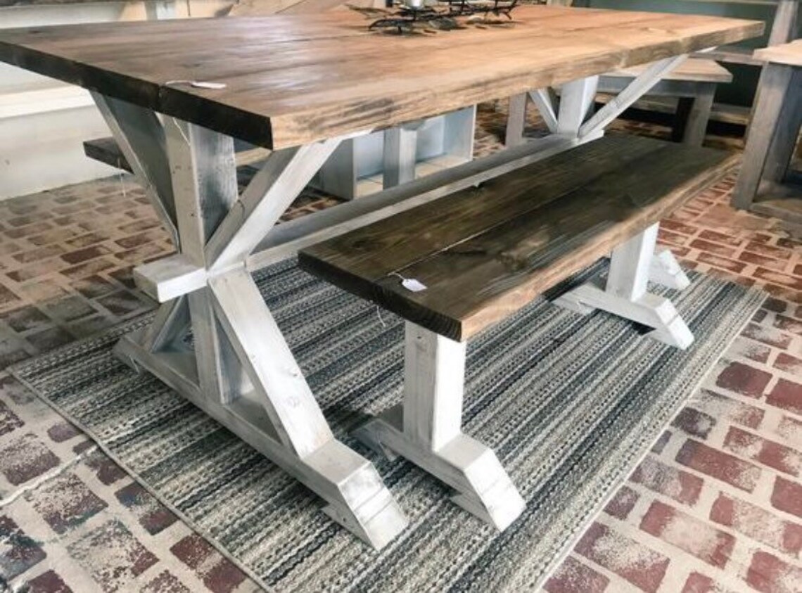 Rustic Pedestal Farmhouse Table With Benches Provincial Brown Etsy
