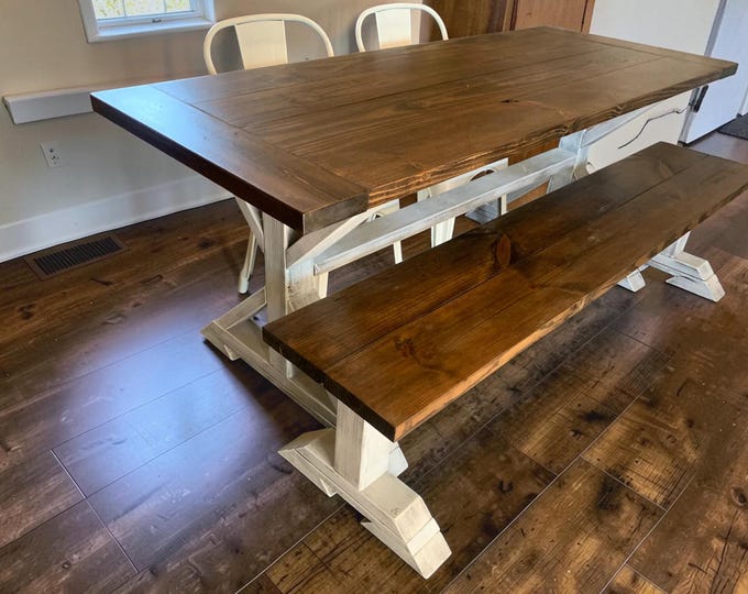 Farmhouse Trestle Dining Table Set Narrow Kitchen Bench Solid Wood Modern Reclaimed Furniture