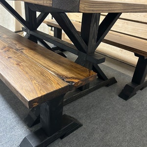 Farmhouse Trestle Table Set: Black Base, Provincial Brown Top, Benches ...