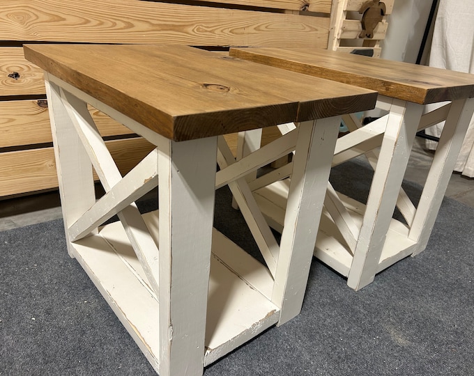 Farmhouse Style End Tables - Distressed White, Light Walnut - Wooden Living Room Furniture with X Accents