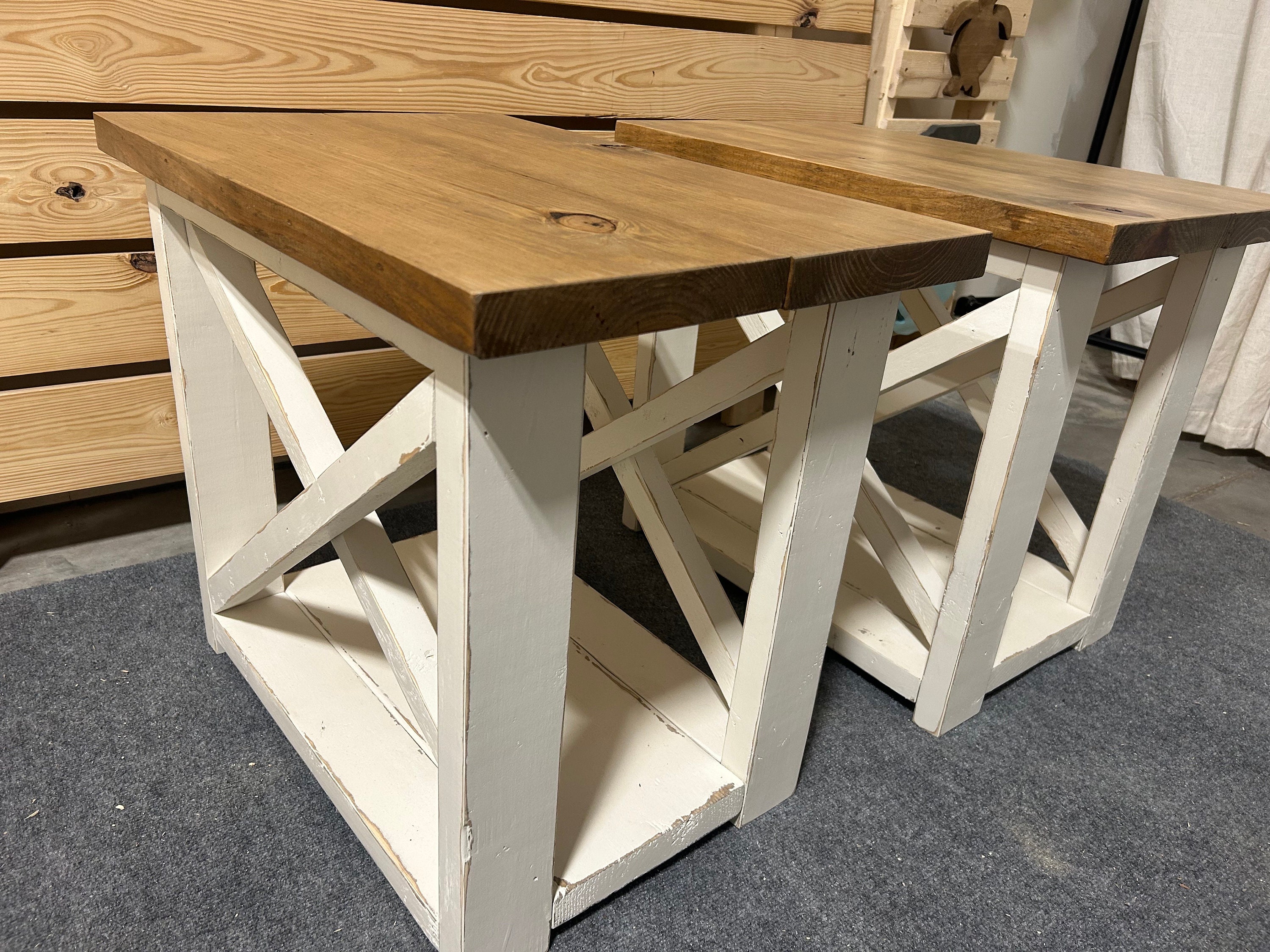 Farmhouse Style End Tables Distressed White Light Walnut Wooden Living Room Furniture with X Accents