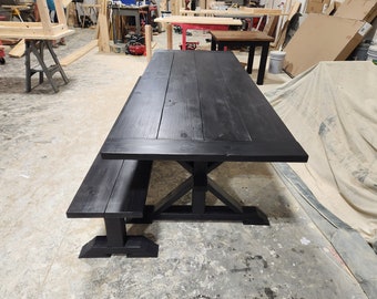 Black Modern Trestle Farmhouse Table, With Benches, Stained True Black, Dining Table or Kitchen Table Set