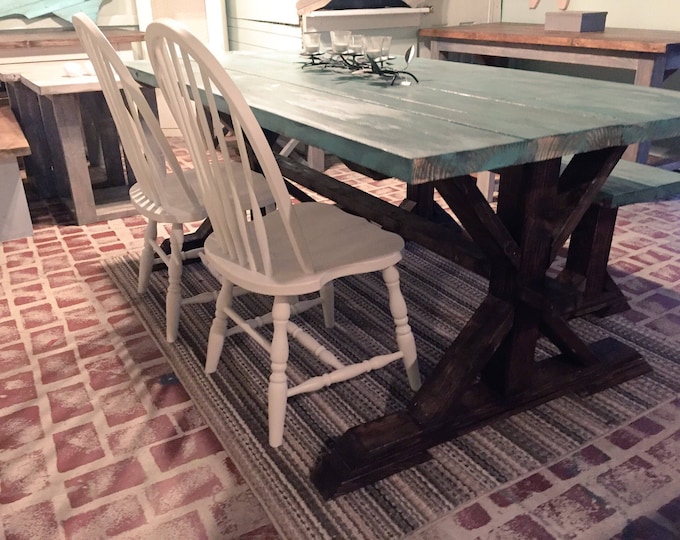 Farmhouse Table With Bench Beatiful Teal Distressed Top With Walnut Trestle Base Dining Set