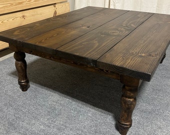 Large Farmhouse Coffee Table - Turned Legs - Dark Walnut Stain - Wooden Living Room Furniture - Office Sitting Area Furniture