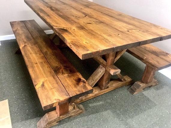 Rustic 6ft Pedestal Farmhouse Table With Long Benches Benches Provincial Brown Dining Set Brown Kitchen Table Wooden Table Set Etsy