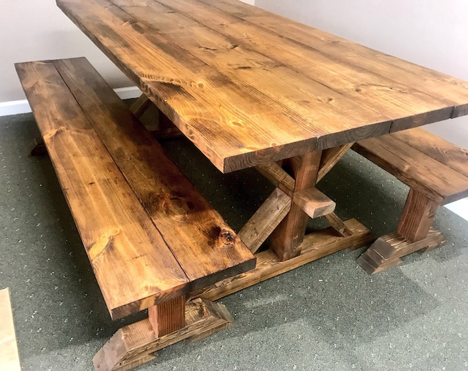 Rustic 6ft Pedestal Farmhouse Table With Long Benches Benches Provincial Brown  Dining Set, Brown Kitchen Table, Wooden Table Set