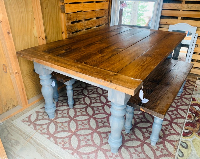 Rustic Farmhouse Table Set with Chunky Turned Legs and Breadboards , Two Benches, Provincial Brown Top and Classic Gray Stain Base