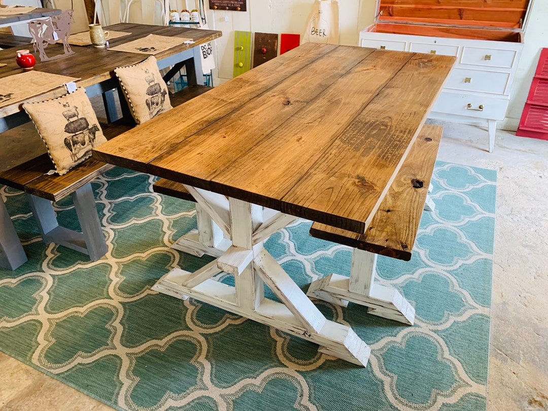 Rustic Pedestal Farmhouse Table With Benches Provincial Brown With