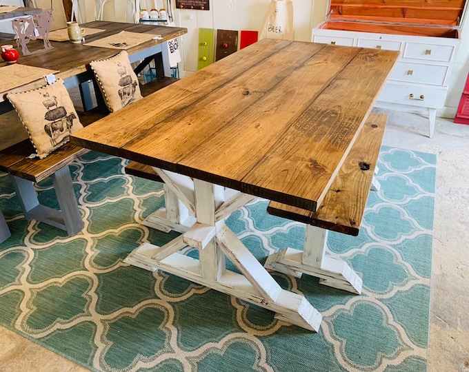 Rustic Pedestal Farmhouse Table With Benches Provincial Brown with White Distressed Base Dining Set