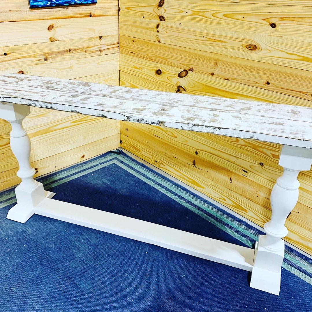 Rustic Farmhouse Entryway Table With Shelve and Turned Legs, Clean White Base Weathered White