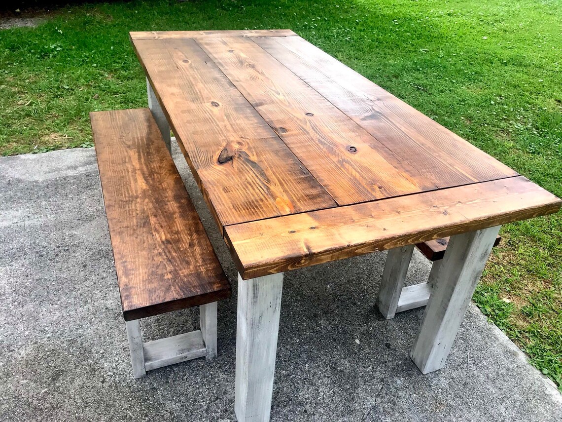 Rustic Wooden Farmhouse Table Set Breadboard Ends Provincial Etsy