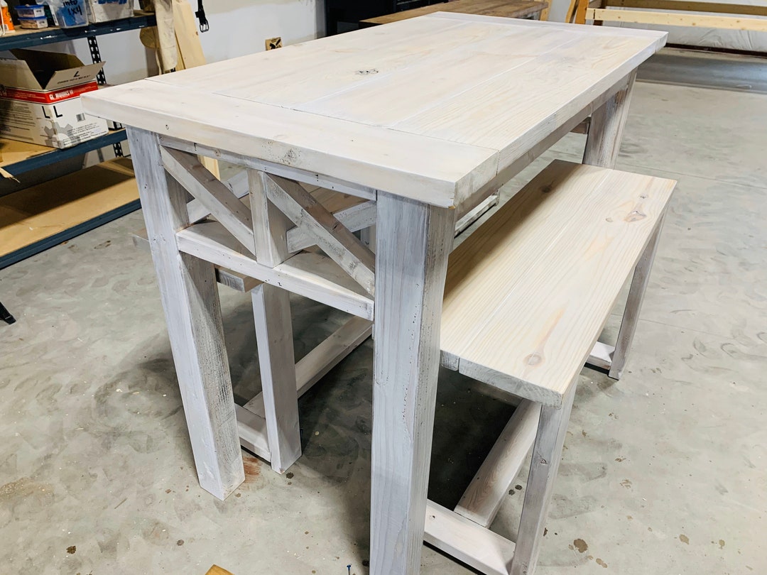 Counter Height Rustic Farmhouse Table With Benches High Top Table With Tall Seating White Wash With Gray Tones Dining Set or Kitchen Table Etsy
