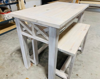 Counter Height Rustic Farmhouse Table with Benches, High Top Table with Tall Seating White Wash With Gray Tones, Dining Set or Kitchen Table