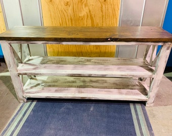 Rustic Wooden Long Buffet Table, Rustic Console Table, Farmhouse Buffet Table, White Wash with White Distressed Base and Dark Walnut Top