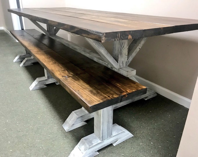 9ft Rustic Farmhouse Table with Long Bench, Banquet Table, Large Farmhouse Table with Espresso top and Distressed Antique White Base Dining