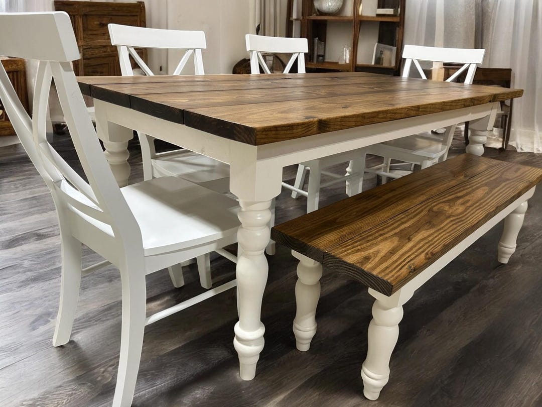 Farmhouse Kitchen Table Set: 6ft Wooden Dining Table, Chairs, and Bench ...