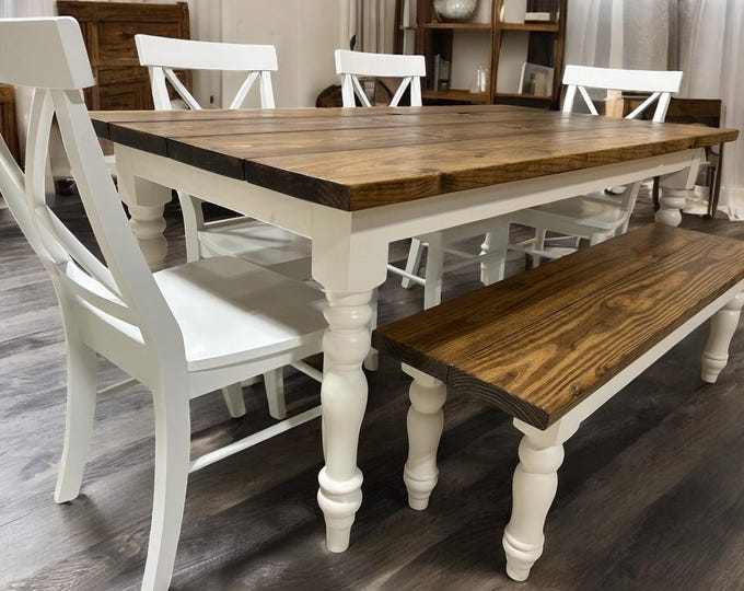 6ft Table Set - Farmhouse Style with Turned Table Legs - Chairs and Bench Seating - White and Provincial Brown - Wooden Kitchen Table Set