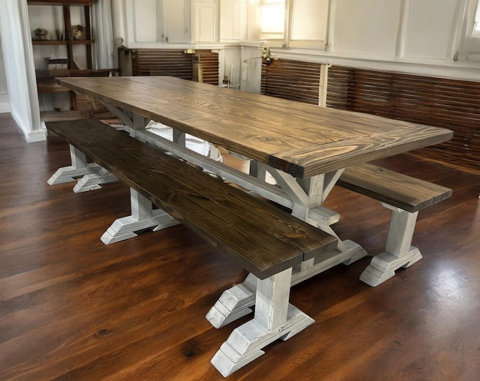 Rustic Farmhouse Dining Table - Dark Walnut, Distressed White Base - Bench Seating - Pedestal Table - Kitchen or Dining Room