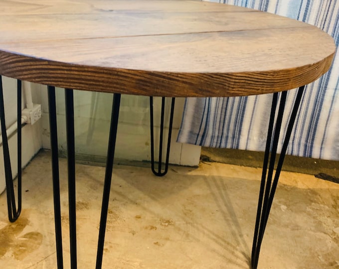 Small Farmhouse Nook Dining Table, Industrial Style, English Chestnut Brown Top and Black Hairpin Legs, Round Dining Table, Kitchen Table