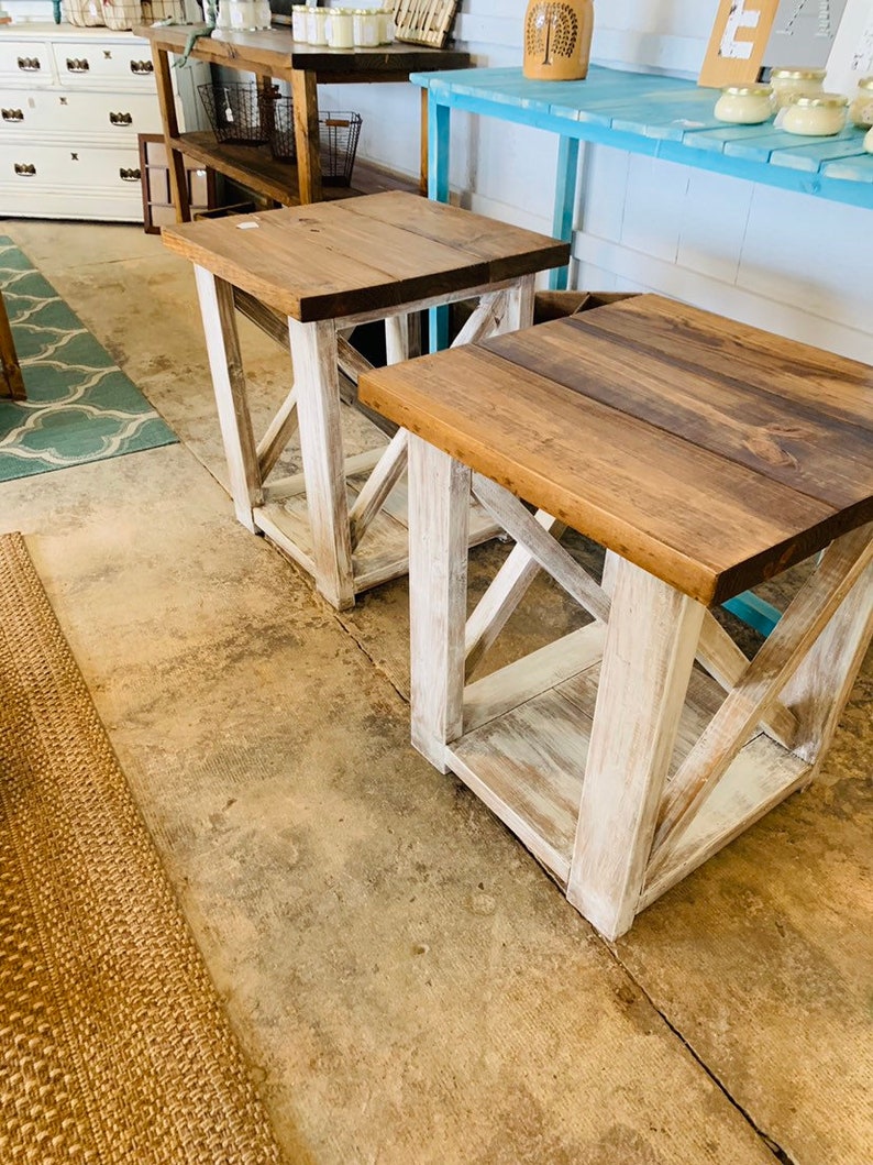 Rustic Handmade End Tables Set with Shelve, Distressed White Base with Provincial Brown Top of Farmhouse Side Tables, X Criss Cross Style image 3