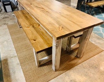 Narrow Farmhouse Table Set with Benches: Distressed White & Early American Brown