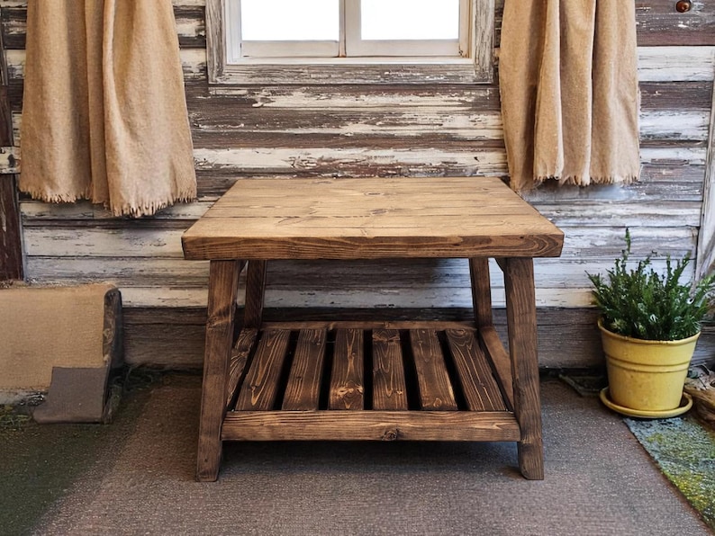 Rustic Wooden Accent Table – Provincial Brown Finish With Shelf - Etsy