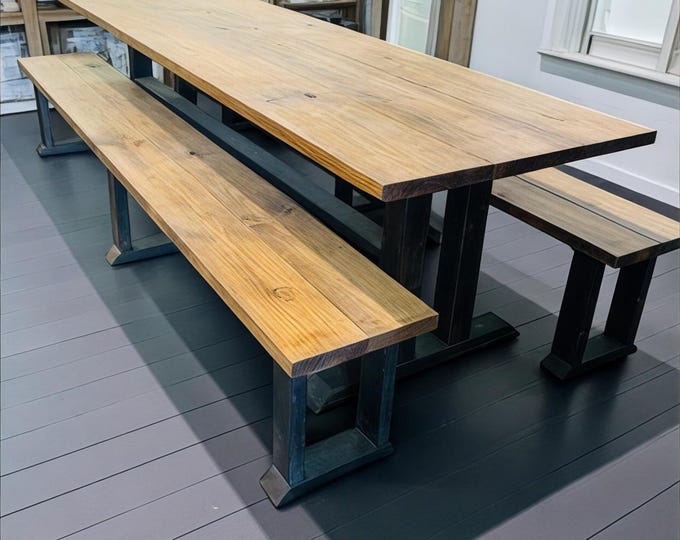 8ft Wooden Dining Table - Farmhouse Style with Benches - Provincial Brown and True Black - Big Kitchen or Dining Table