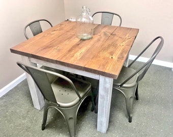 Square Farmhouse Dining Set: Rustic Table with Copper Metal Chairs