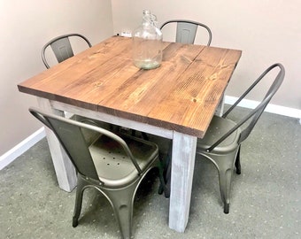 Square Farmhouse Table, Rustic Small Farmhouse Table, Dining Set with Copper Metal Chairs, Provincial Top Distressed White Base