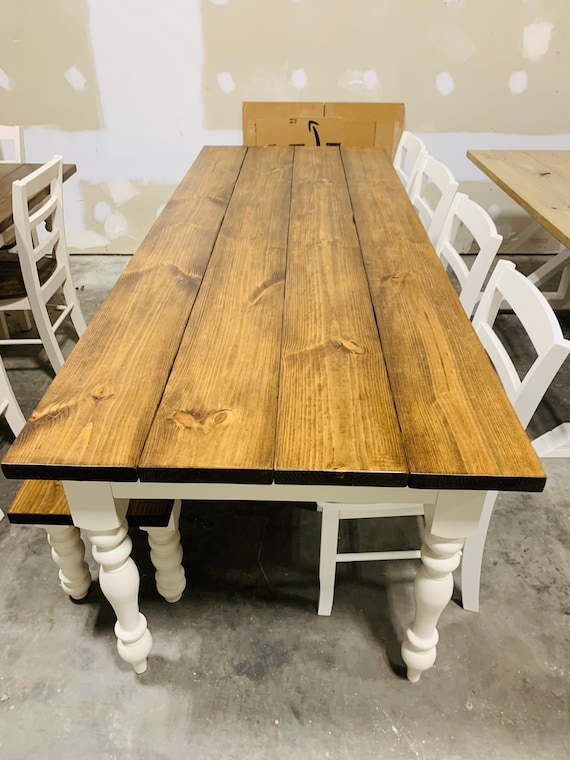 8ft Rustic Farmhouse Table With Chairs and Benches Turned Legs