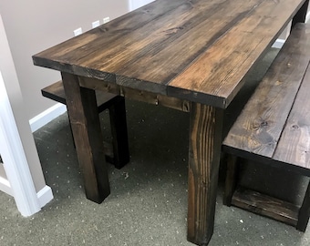 Farmhouse Table with Benches, Brown Dining Set, Table Set, Dark Walnut Long Narrow Farmhouse Table