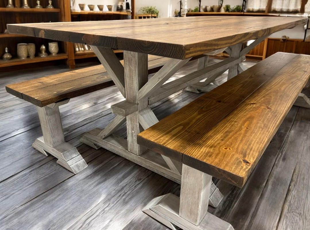 7ft Farmhouse Table Set: Provincial Brown Top, Distressed White Trestle ...